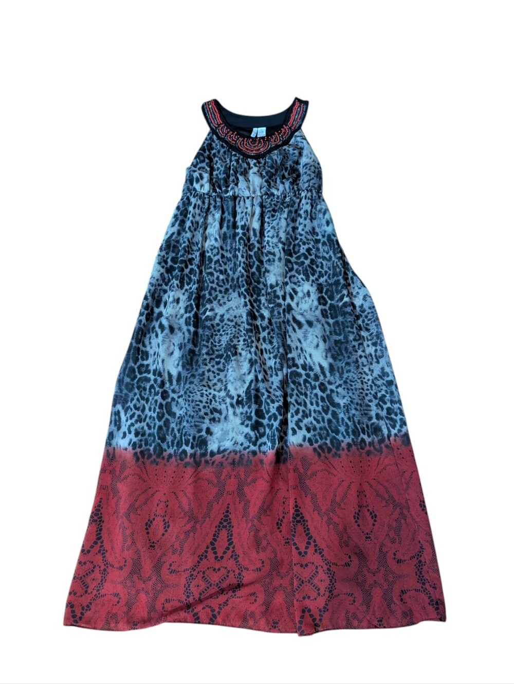 Sami + Jo Mixed Print Leopard/Splatter Maxi Flowy Dress Red/ Black Beaded Collar - Picture 7 of 9